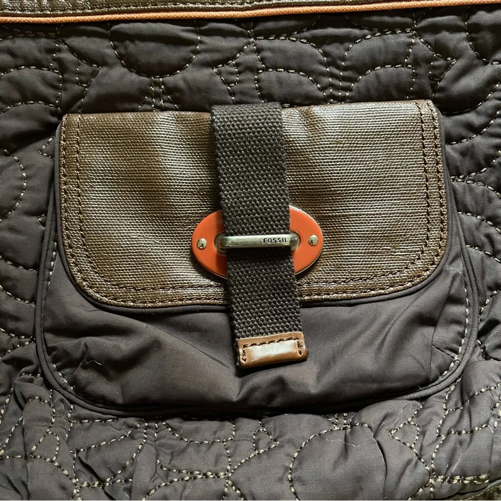 Fossil KeyPer Quilted Brown Leather Trim Tote Shoulder Bag Purse Cottagecore SEE - Picture 4 of 16